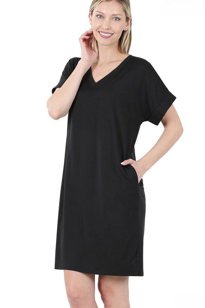 Zenana Soft Brushed Fabric Rolled Short Sleeve V-Neck Dress