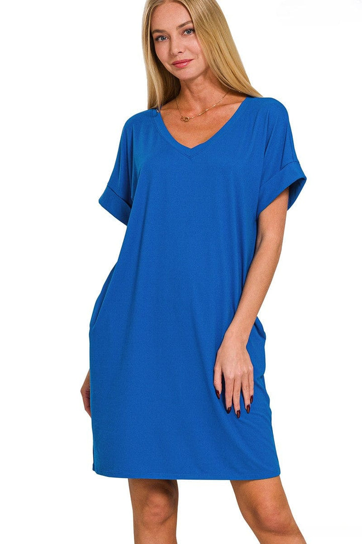 Zenana Soft Brushed Fabric Rolled Short Sleeve V-Neck Dress