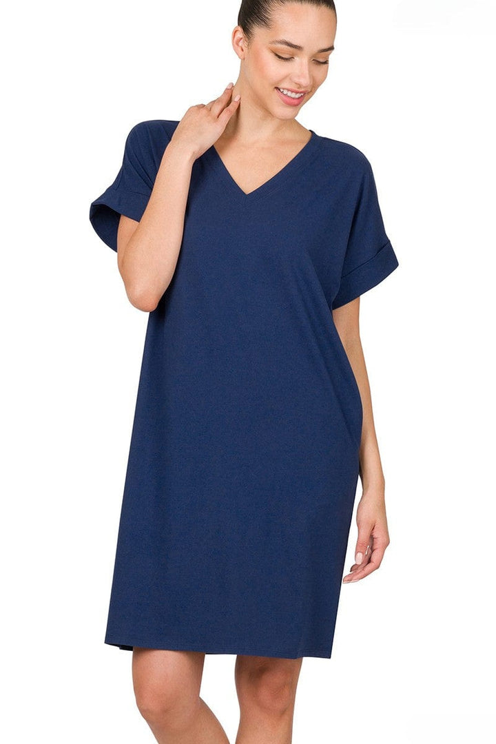 Zenana Soft Brushed Fabric Rolled Short Sleeve V-Neck Dress