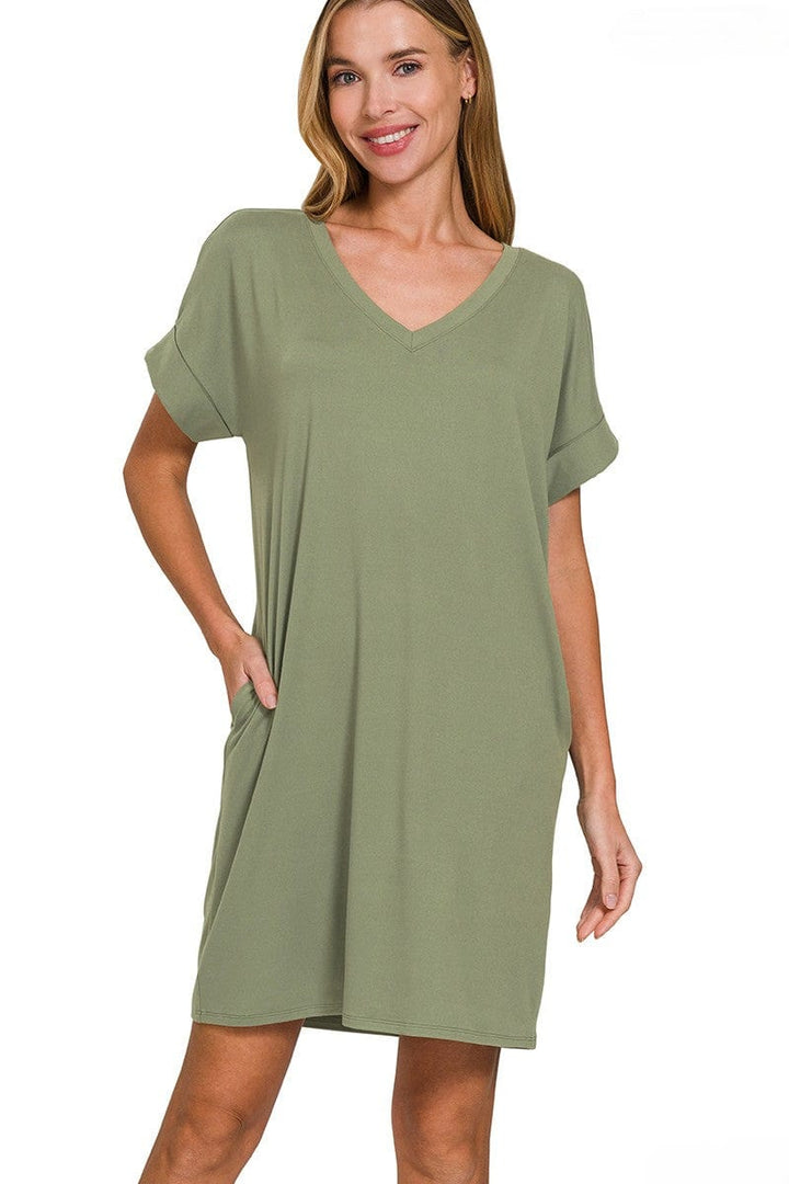 Zenana Soft Brushed Fabric Rolled Short Sleeve V-Neck Dress