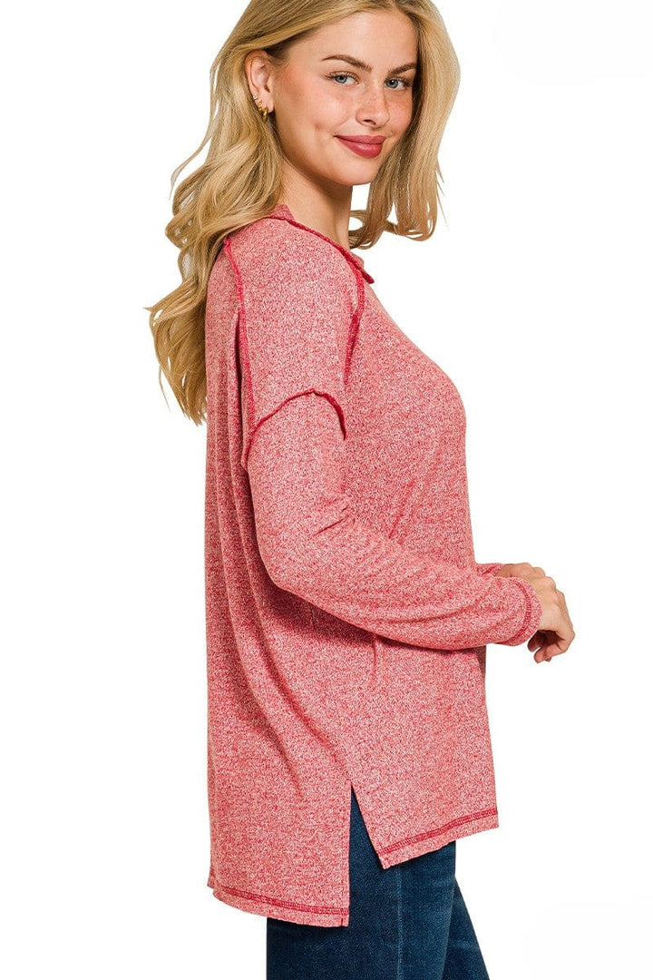 Zenana Soft Melange Hacci Exposed Seam Long Sleeve Tee