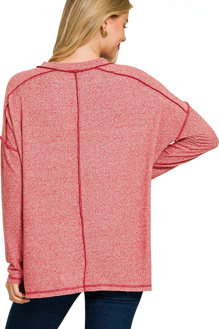 Zenana Soft Melange Hacci Exposed Seam Long Sleeve Tee
