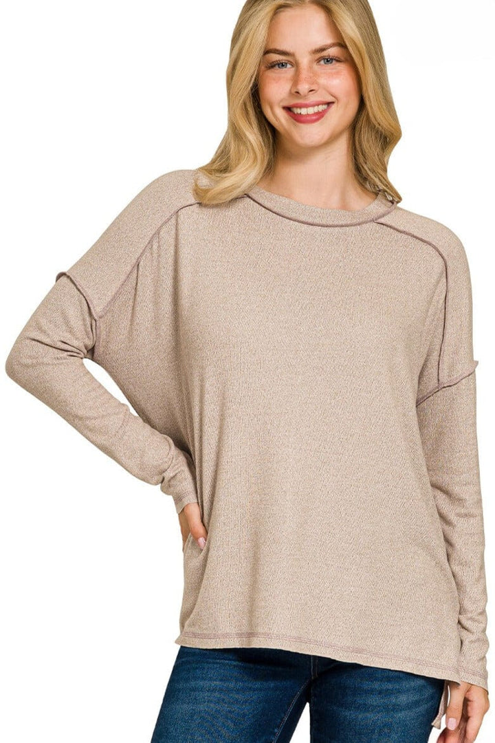 Zenana Soft Melange Hacci Exposed Seam Long Sleeve Tee