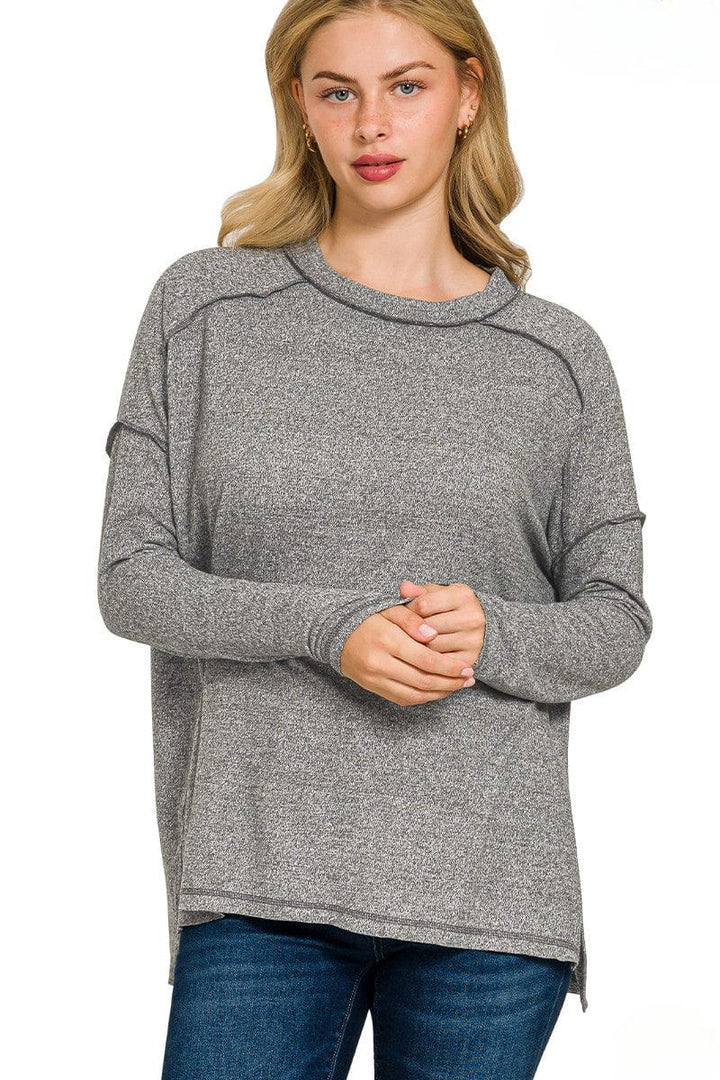 Zenana Soft Melange Hacci Exposed Seam Long Sleeve Tee