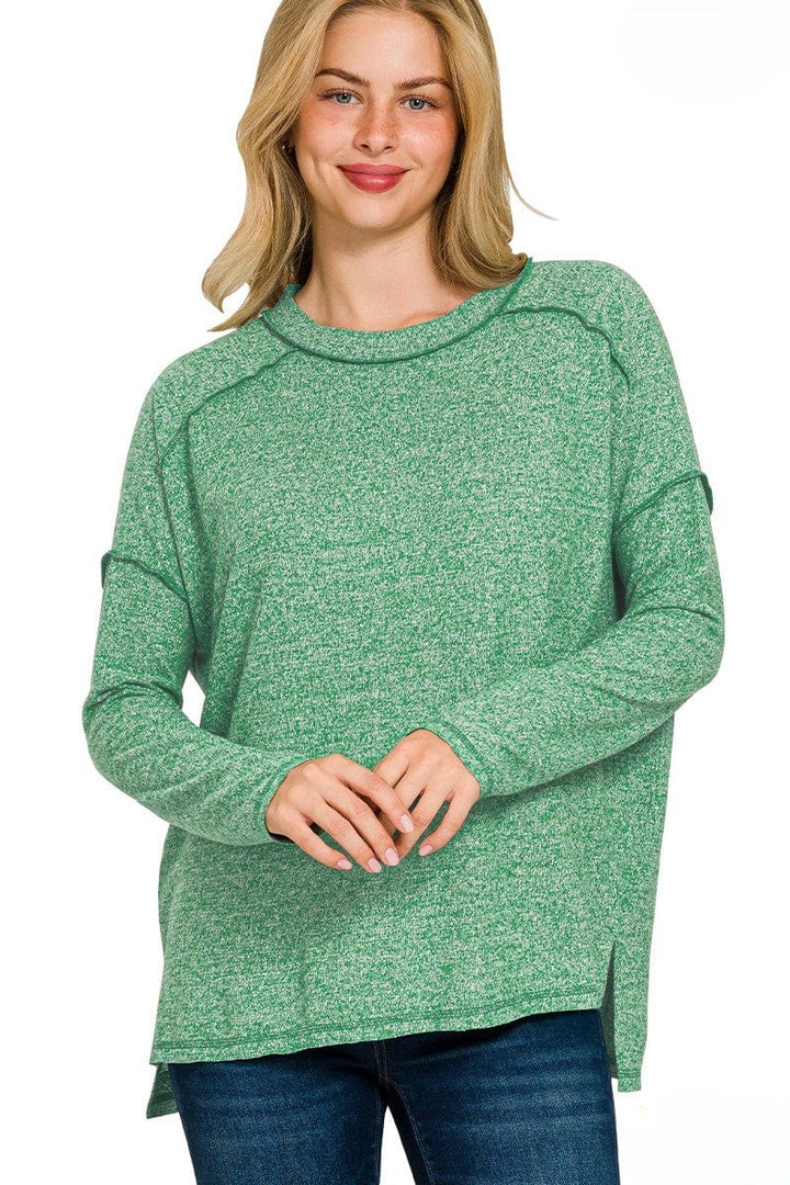 Zenana Soft Melange Hacci Exposed Seam Long Sleeve Tee