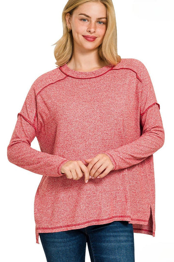 Zenana Soft Melange Hacci Exposed Seam Long Sleeve Tee
