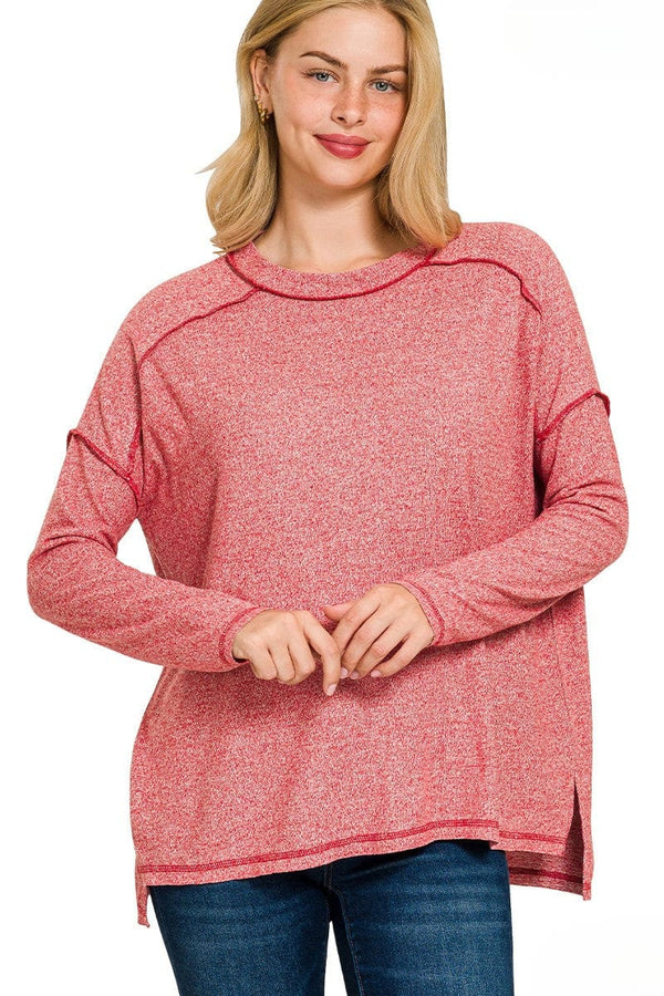 Zenana Soft Melange Hacci Exposed Seam Long Sleeve Tee