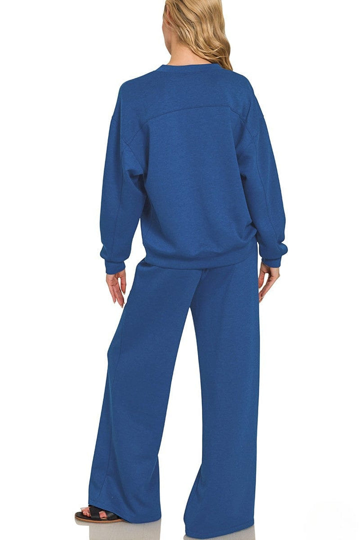 Zenana Soft Scuba Crewneck Pullover and Wide Leg Pants Set