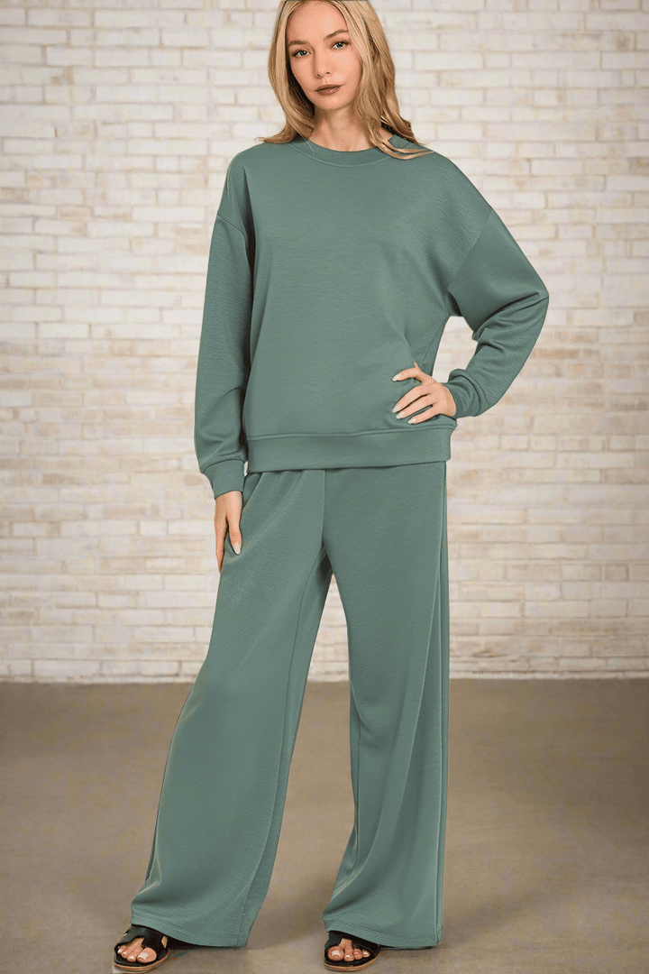 Zenana Soft Scuba Crewneck Pullover and Wide Leg Pants Set