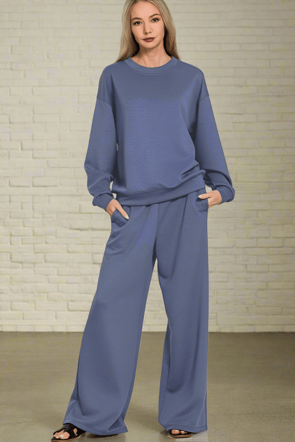 Zenana Soft Scuba Crewneck Pullover and Wide Leg Pants Set