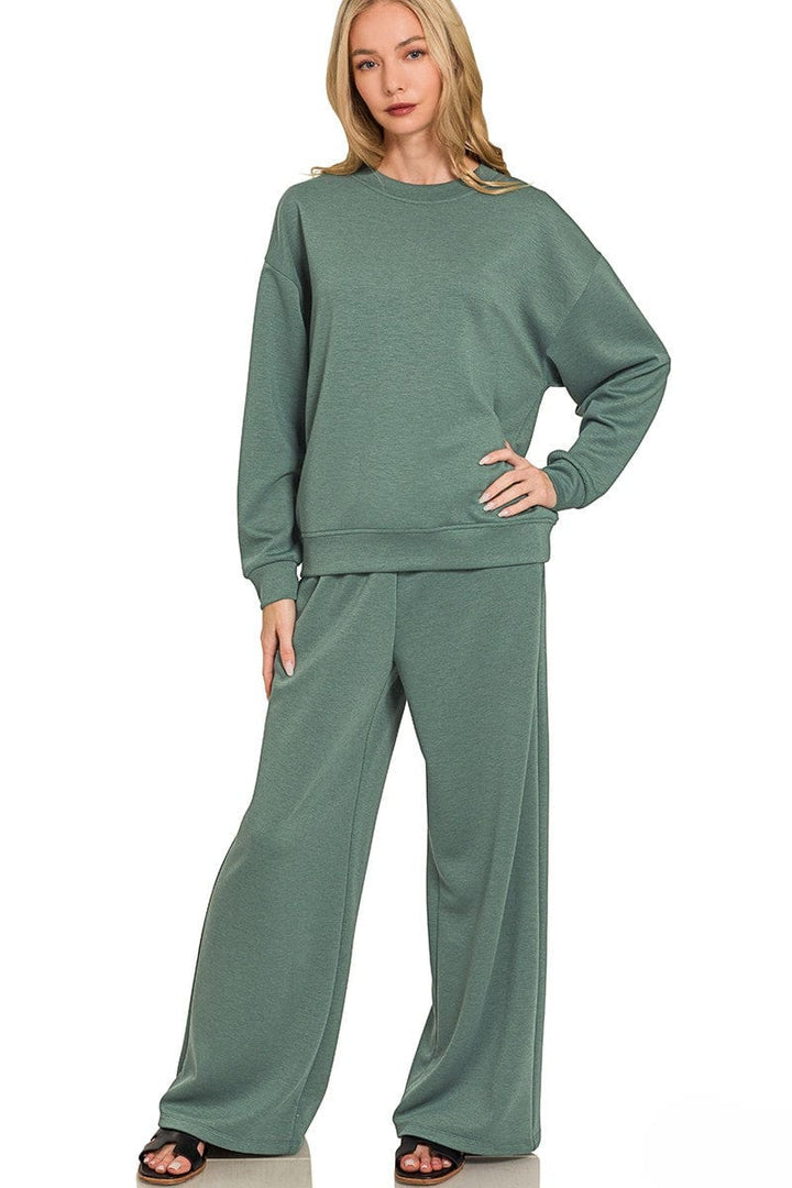 Zenana Soft Scuba Crewneck Pullover and Wide Leg Pants Set