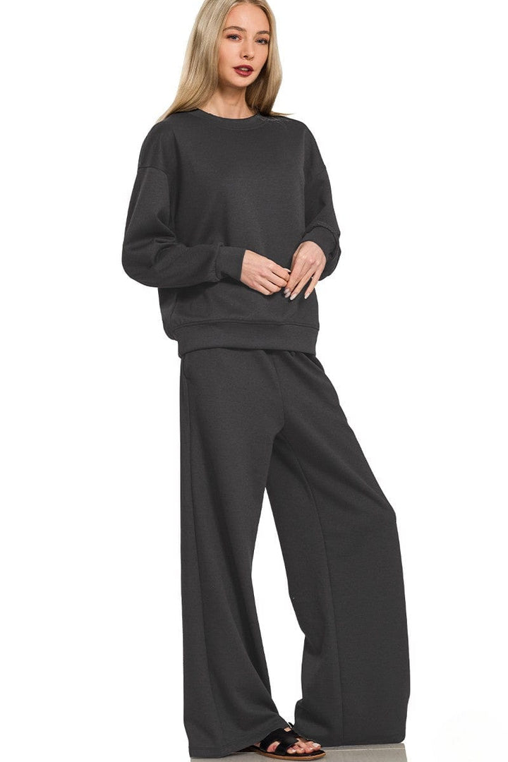 Zenana Soft Scuba Crewneck Pullover and Wide Leg Pants Set