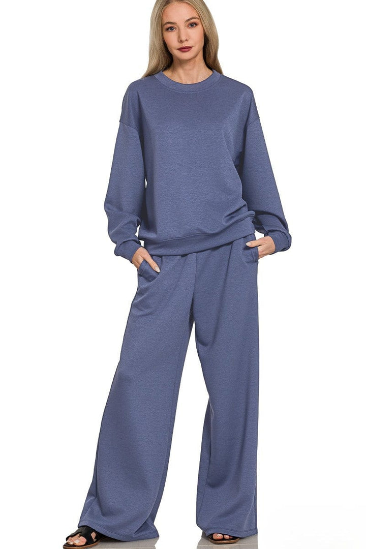 Zenana Soft Scuba Crewneck Pullover and Wide Leg Pants Set
