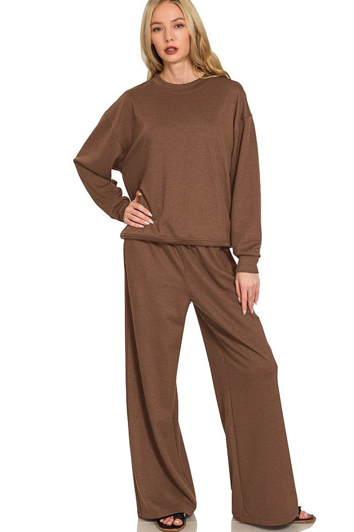 Zenana Soft Scuba Crewneck Pullover and Wide Leg Pants Set