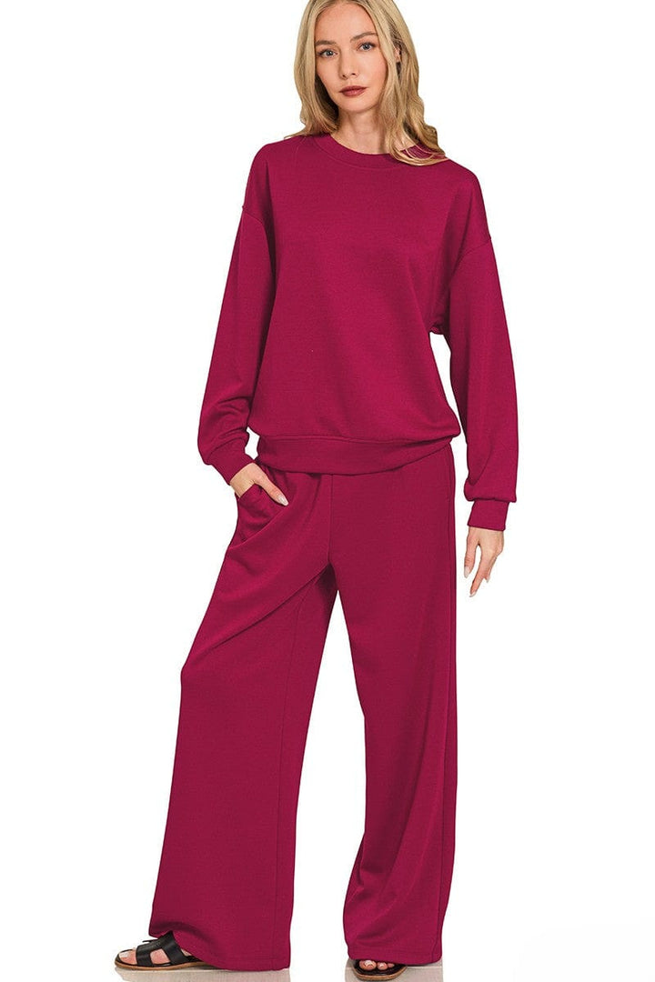 Zenana Soft Scuba Crewneck Pullover and Wide Leg Pants Set