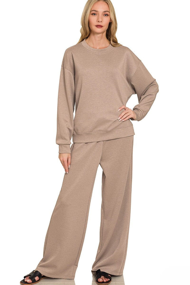 Zenana Soft Scuba Crewneck Pullover and Wide Leg Pants Set
