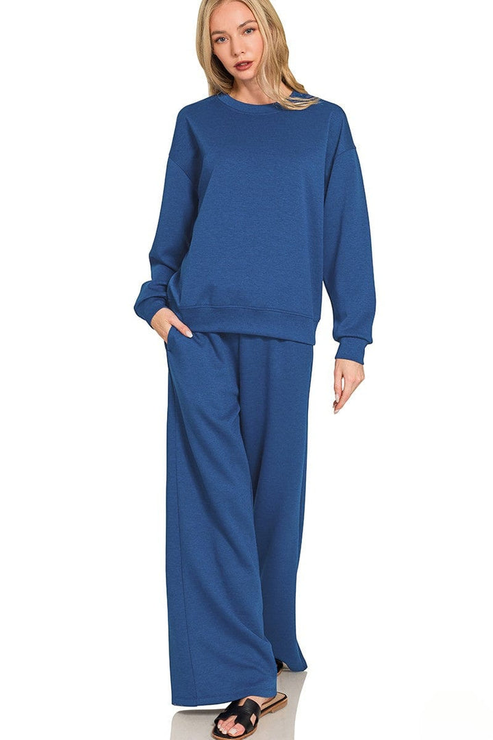 Zenana Soft Scuba Crewneck Pullover and Wide Leg Pants Set