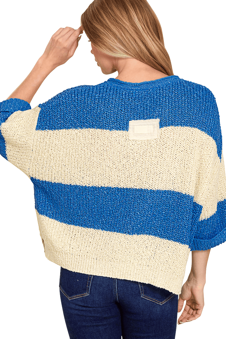 Zenana Split Neck Half Sleeve Striped Sweater