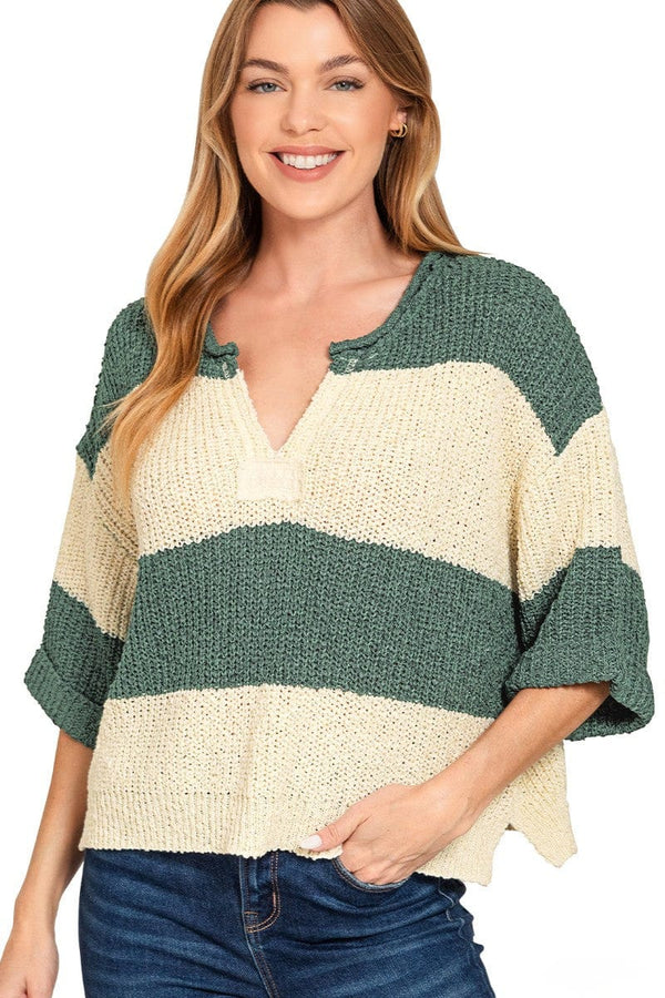 Zenana Split Neck Half Sleeve Striped Sweater
