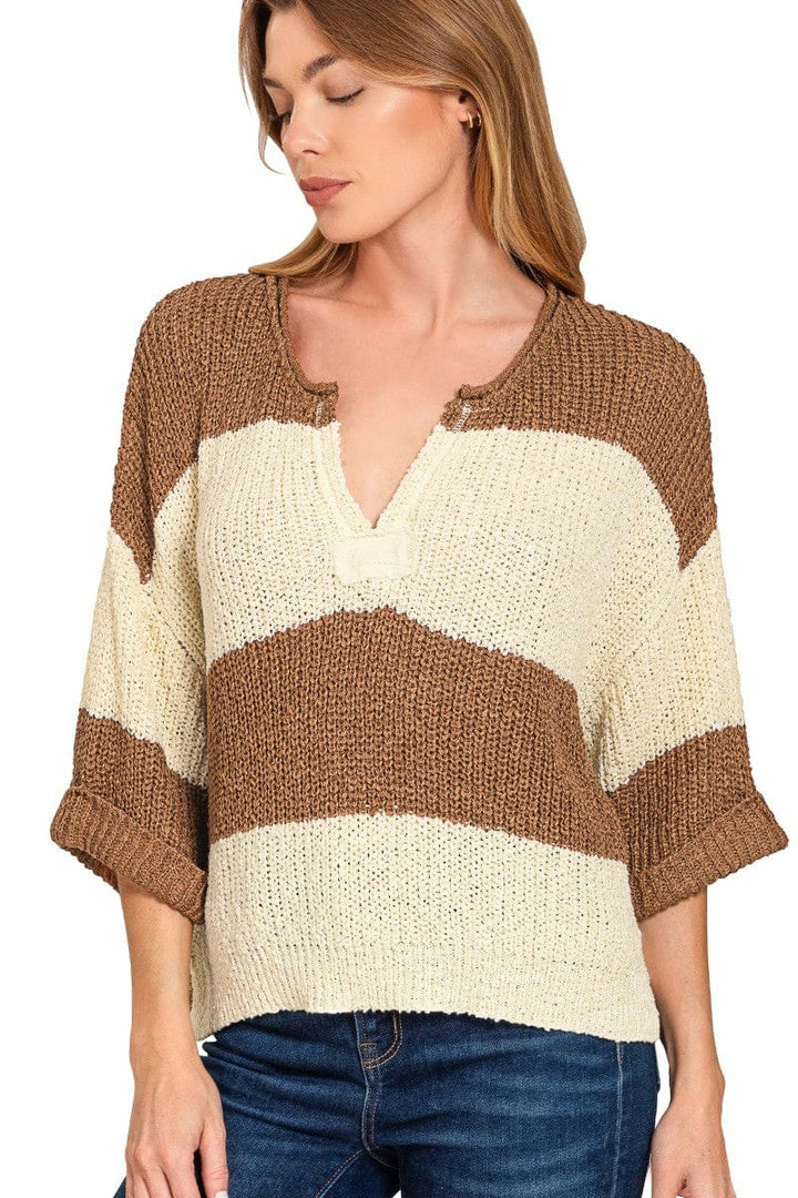 Zenana Split Neck Half Sleeve Striped Sweater