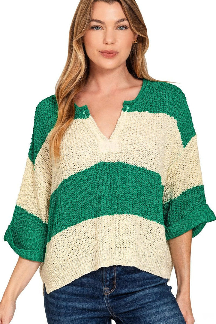 Zenana Split Neck Half Sleeve Striped Sweater