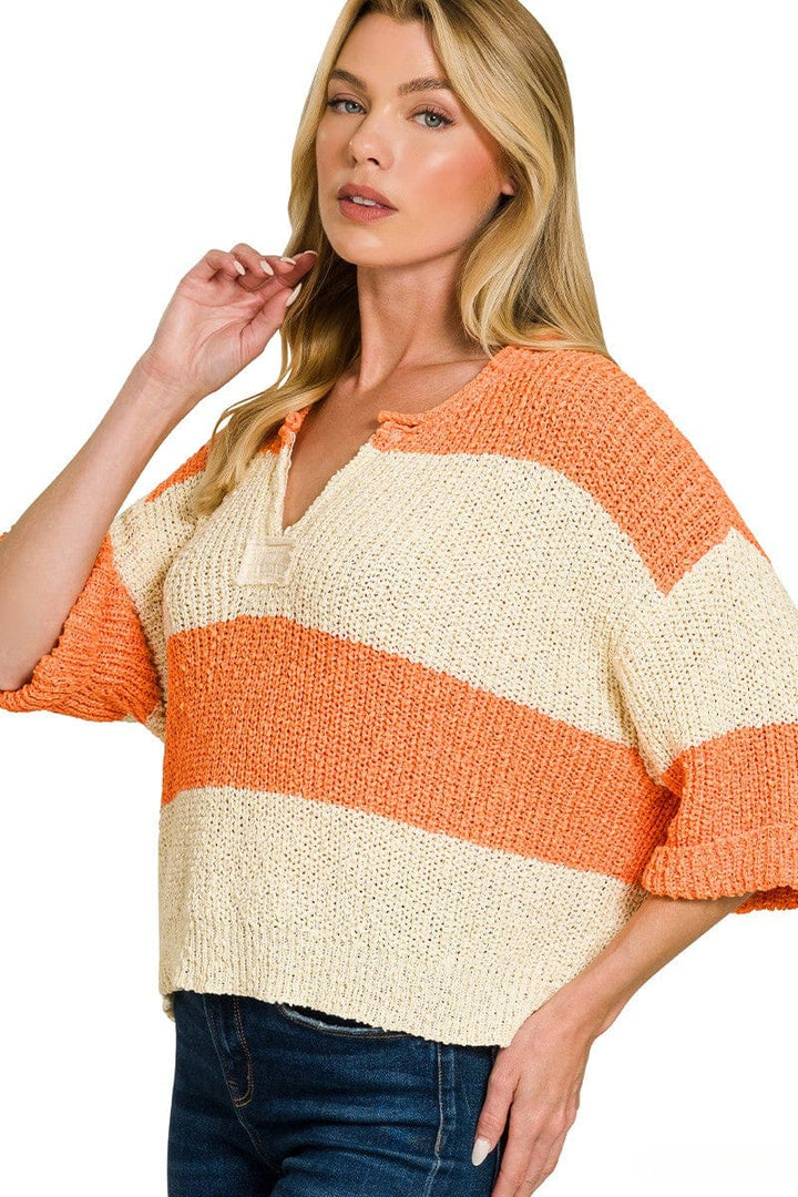 Zenana Split Neck Half Sleeve Striped Sweater