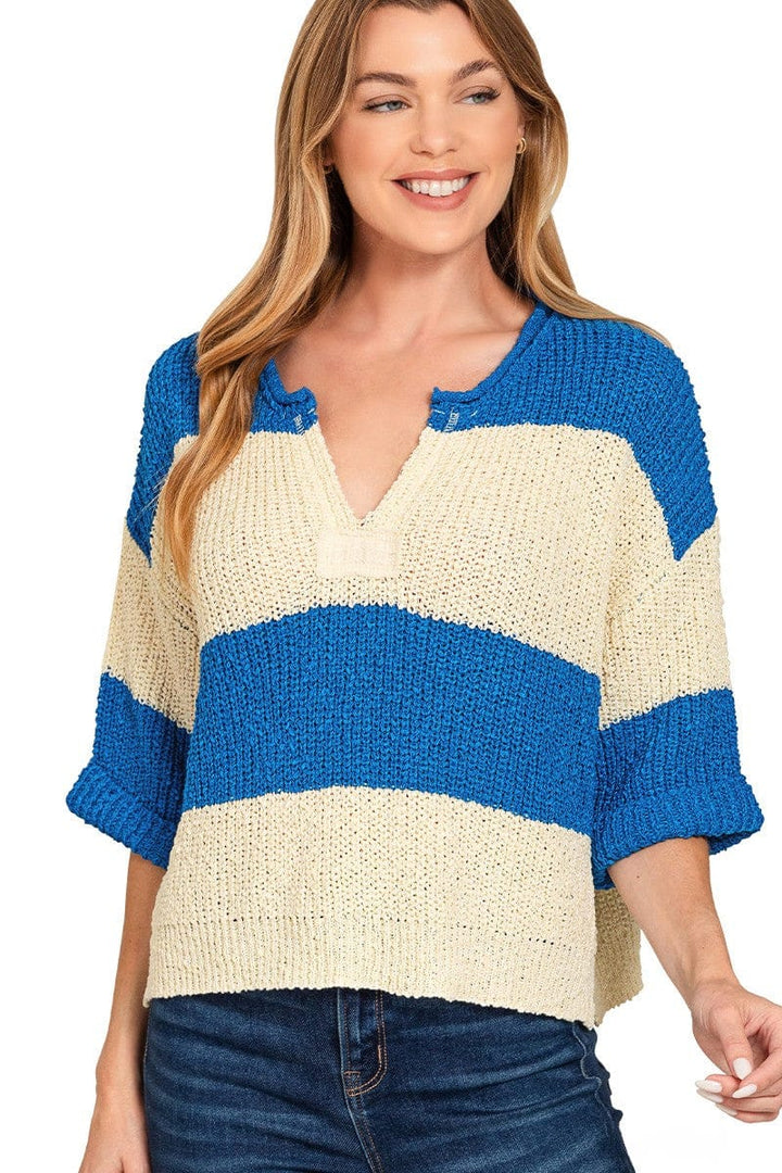 Zenana Split Neck Half Sleeve Striped Sweater