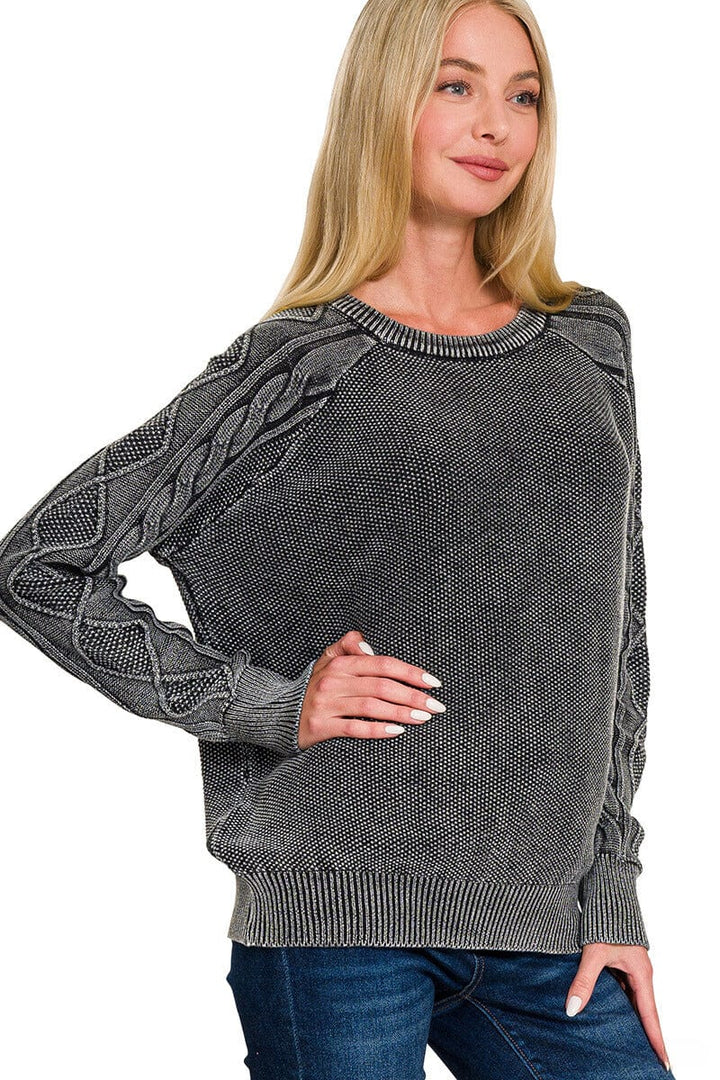 Zenana Stone Washed Cable Knit Sleeve Crewneck Sweater