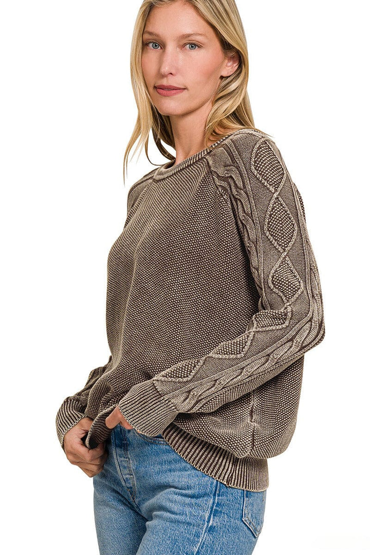 Zenana Stone Washed Cable Knit Sleeve Crewneck Sweater