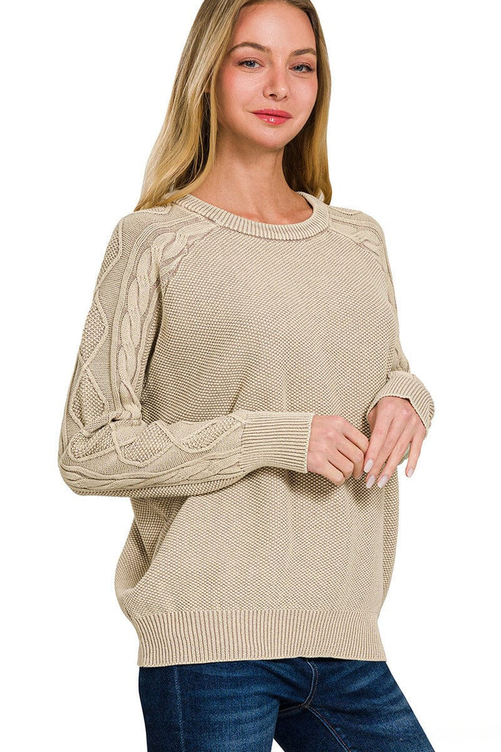 Zenana Stone Washed Cable Knit Sleeve Crewneck Sweater