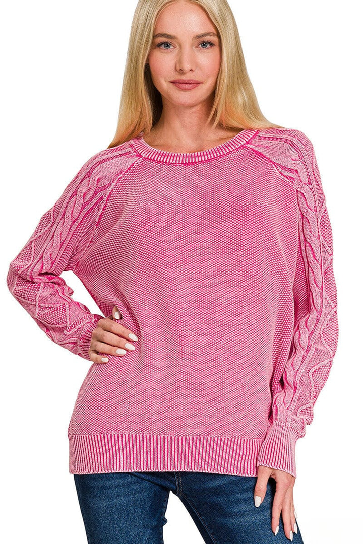 Zenana Stone Washed Cable Knit Sleeve Crewneck Sweater