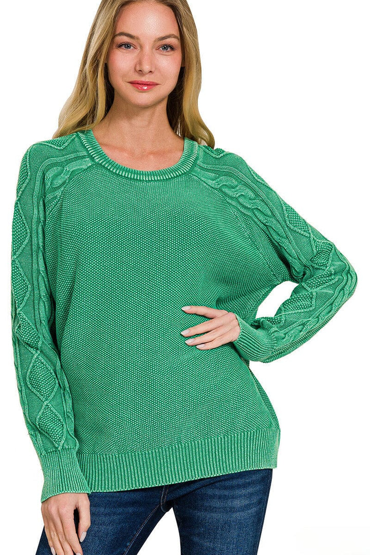 Zenana Stone Washed Cable Knit Sleeve Crewneck Sweater