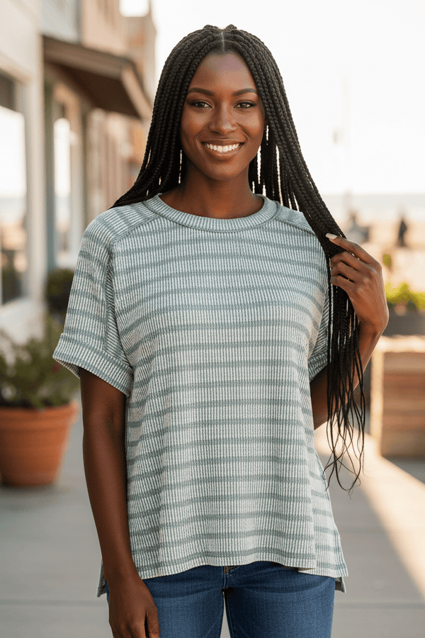 Zenana Stripe Pattern Ribbed Short Sleeve Top