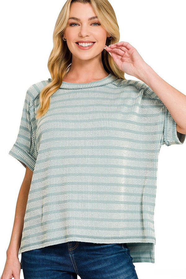 Zenana Stripe Pattern Ribbed Short Sleeve Top