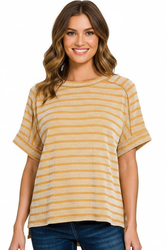 Zenana Stripe Pattern Ribbed Short Sleeve Top