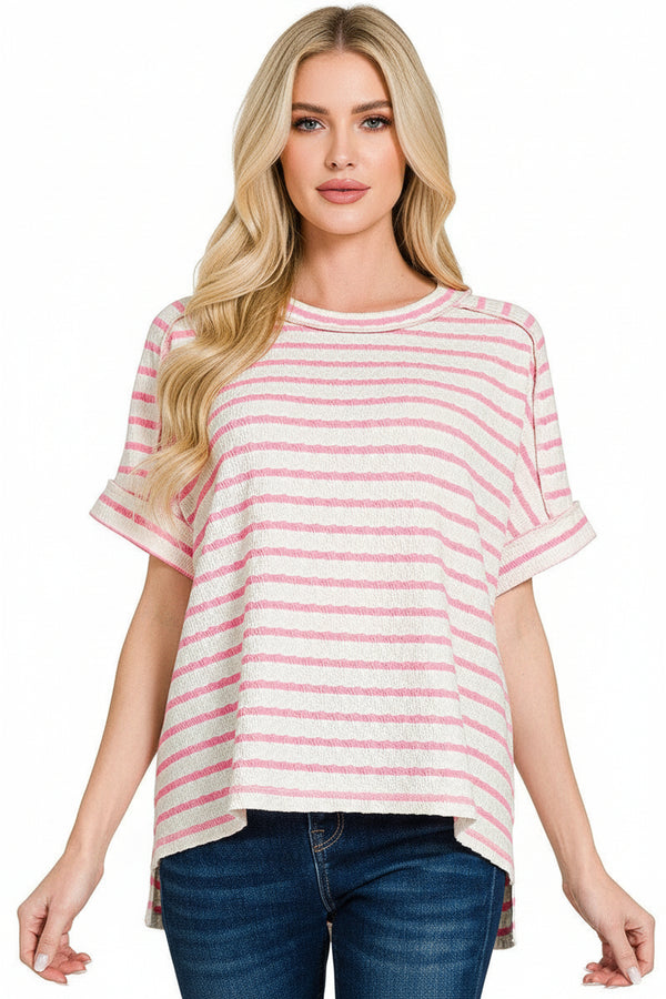Zenana Striped Jacquard Round Neck Boxy Tee