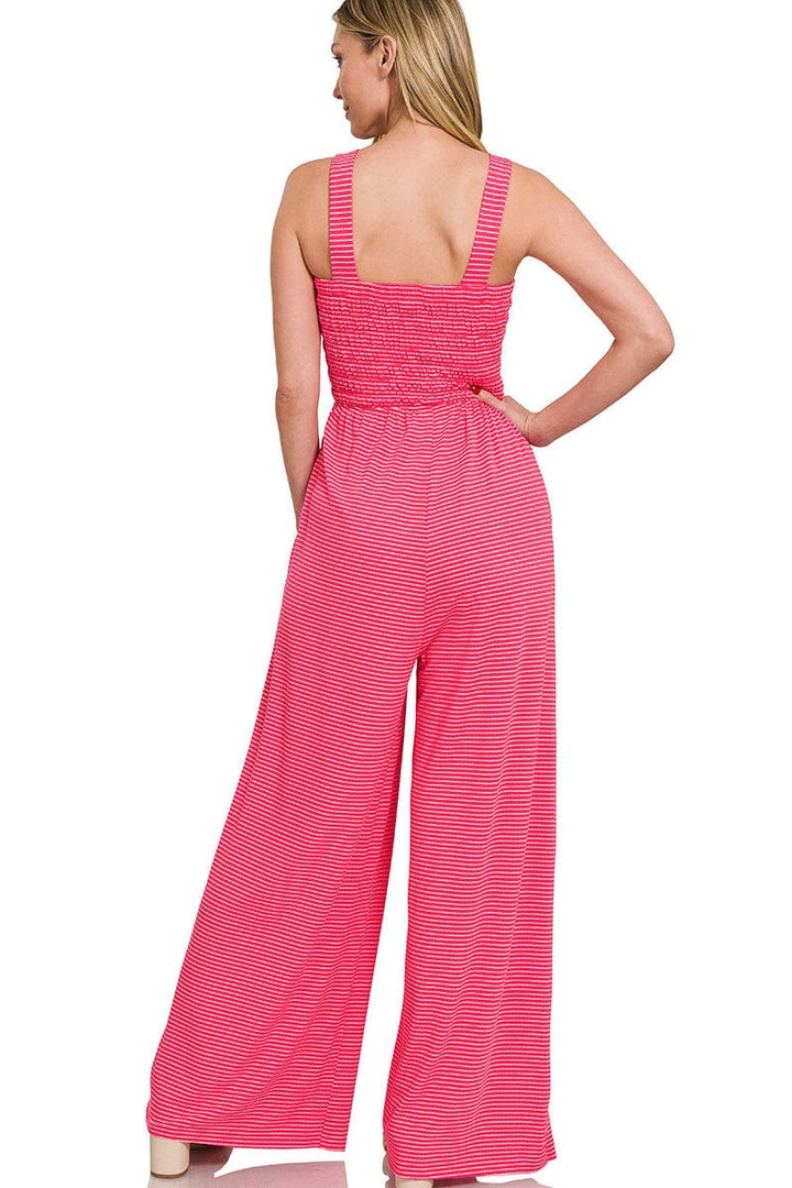 Zenana Striped Jumpsuit with Smocked Top and Pockets