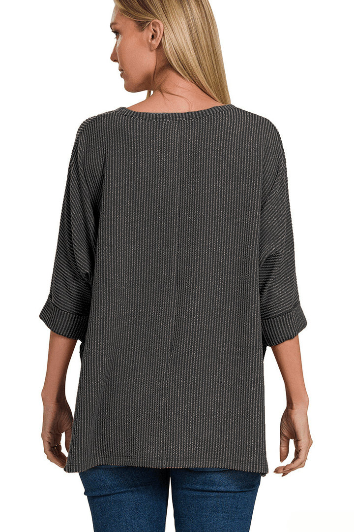 Zenana Textured Hi-Low Hem Folded Sleeve V-Neck Top