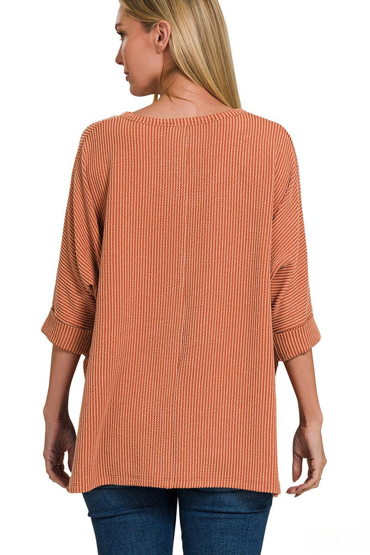 Zenana Textured Hi-Low Hem Folded Sleeve V-Neck Top