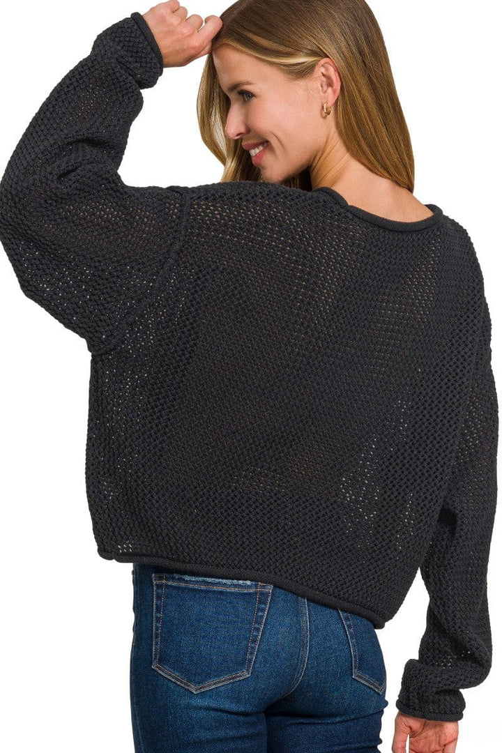 Zenana Textured Knit Rolled Edge Drop Shoulder Sweater