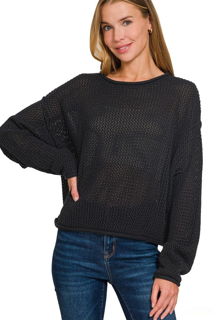Zenana Textured Knit Rolled Edge Drop Shoulder Sweater