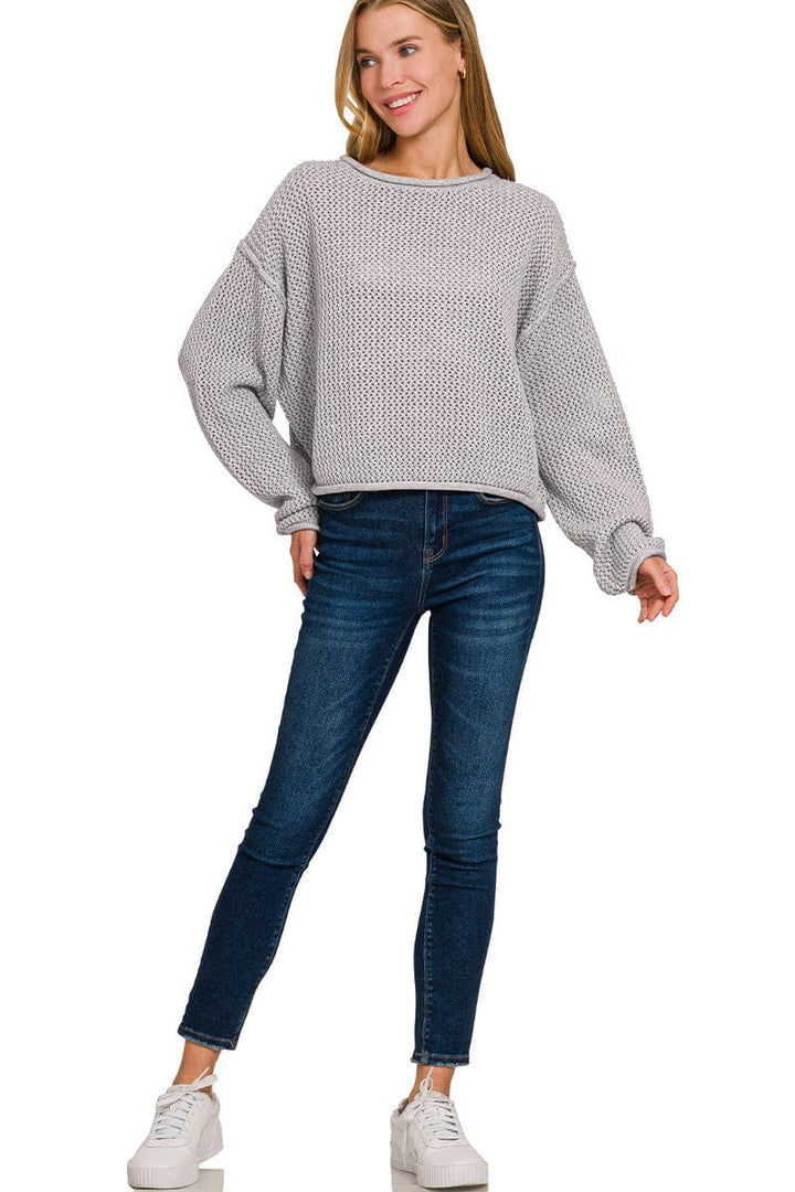 Zenana Textured Knit Rolled Edge Drop Shoulder Sweater