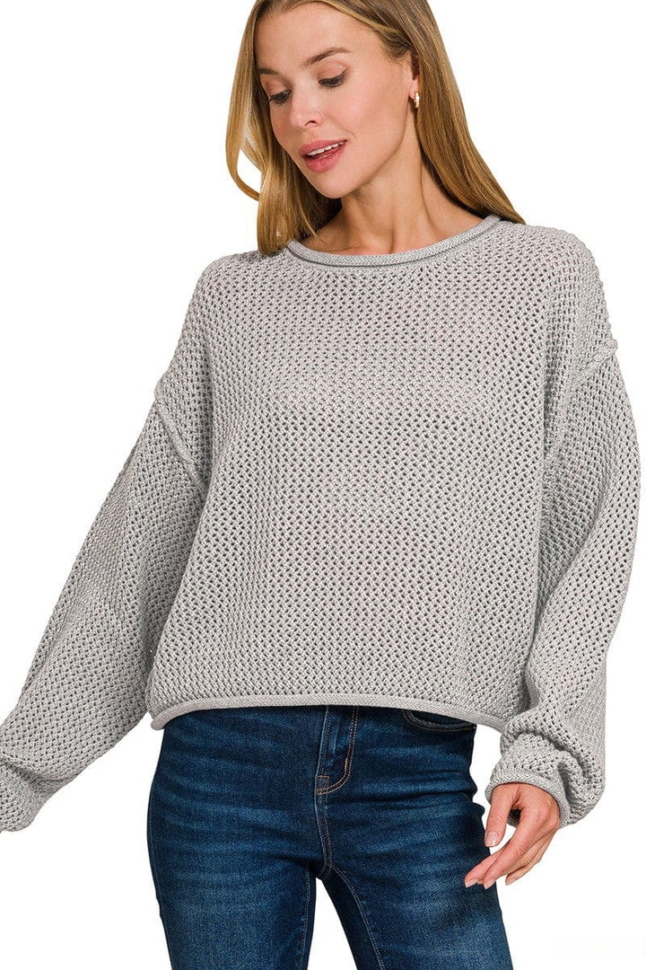 Zenana Textured Knit Rolled Edge Drop Shoulder Sweater