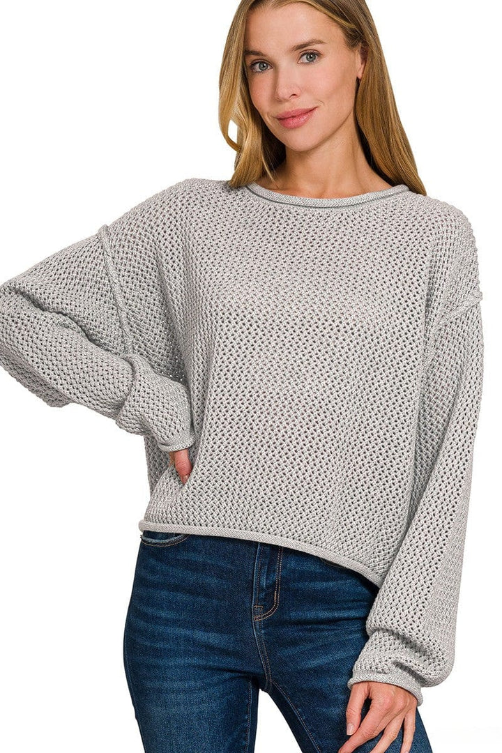 Zenana Textured Knit Rolled Edge Drop Shoulder Sweater