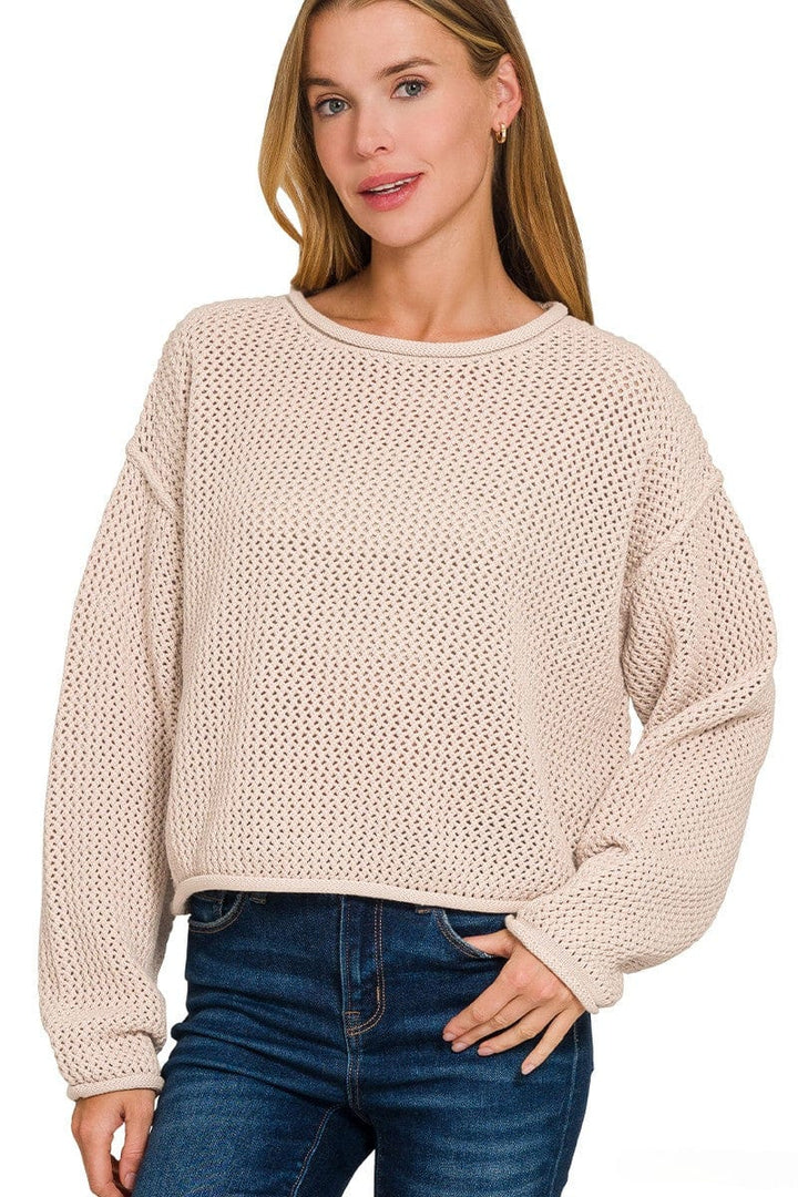 Zenana Textured Knit Rolled Edge Drop Shoulder Sweater