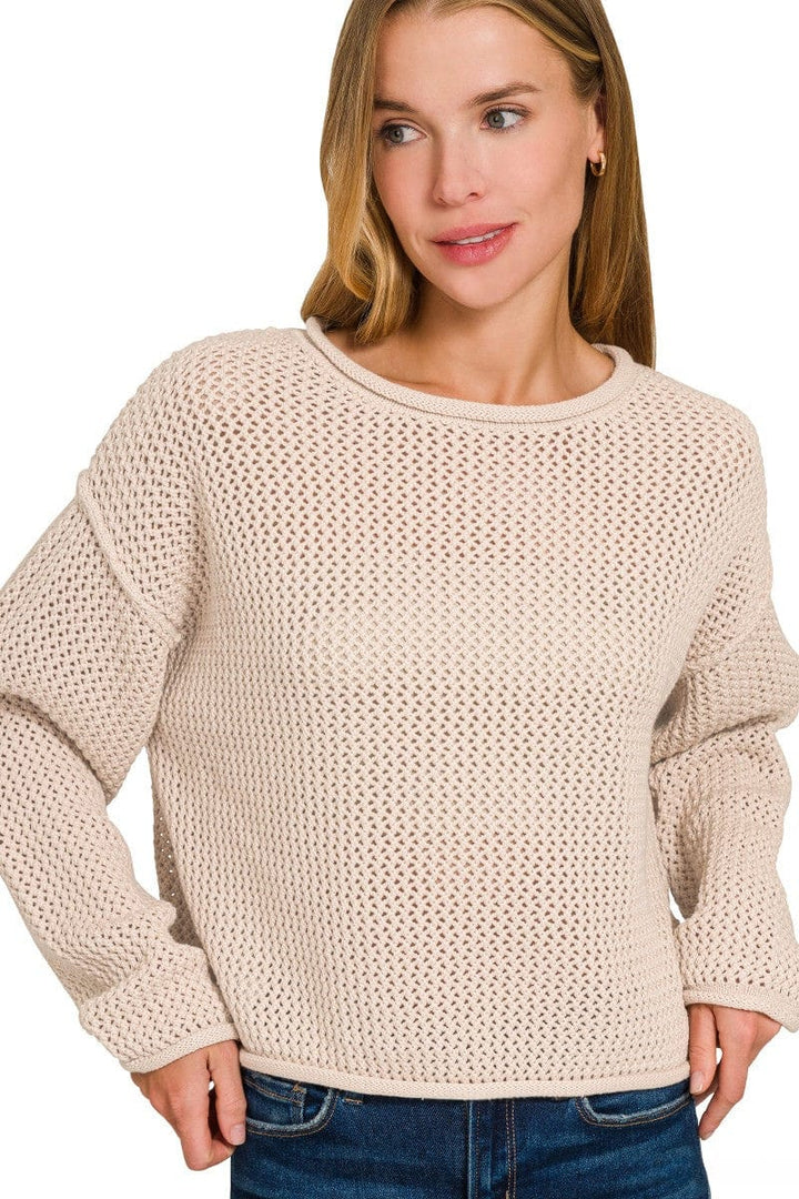 Zenana Textured Knit Rolled Edge Drop Shoulder Sweater