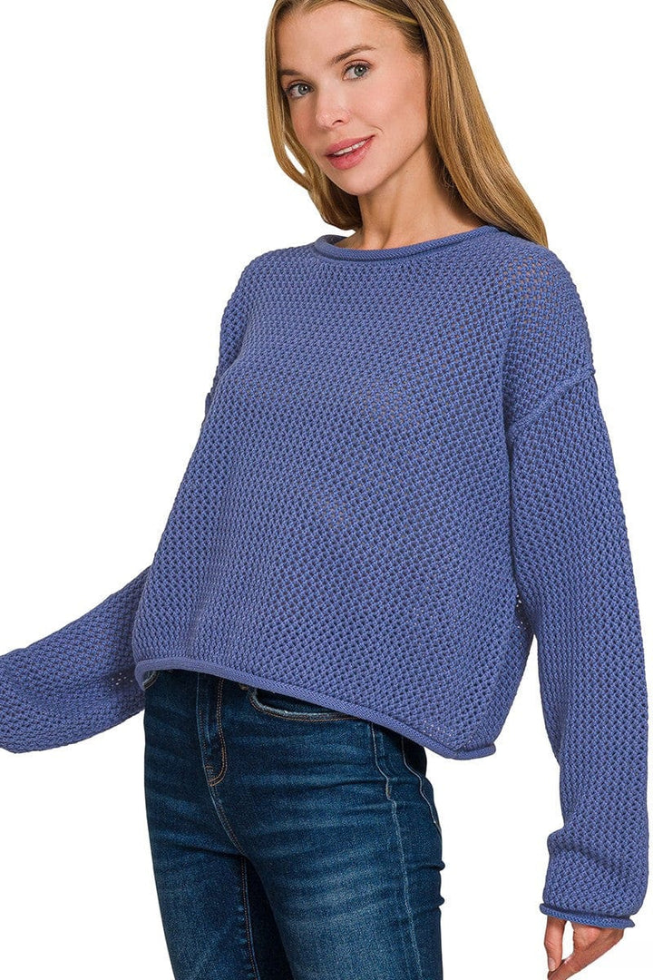Zenana Textured Knit Rolled Edge Drop Shoulder Sweater