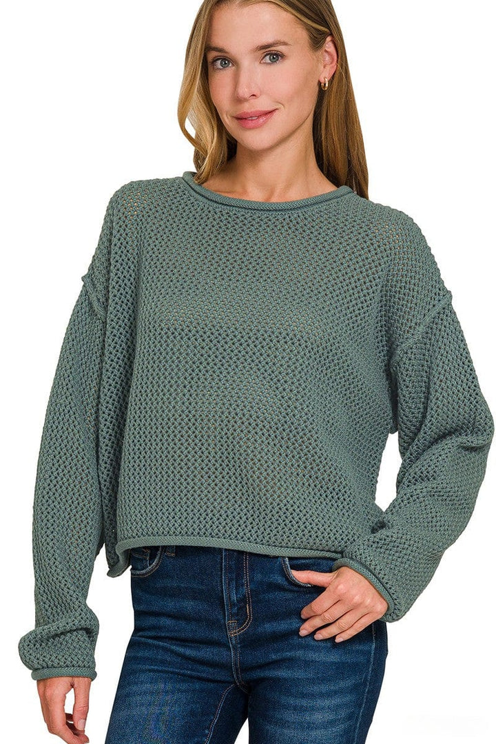 Zenana Textured Knit Rolled Edge Drop Shoulder Sweater