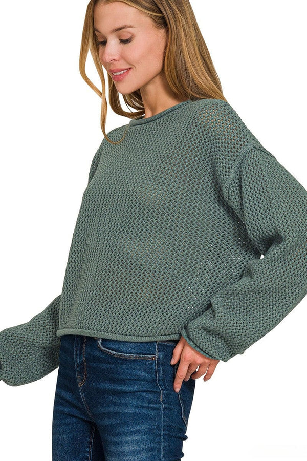 Zenana Textured Knit Rolled Edge Drop Shoulder Sweater