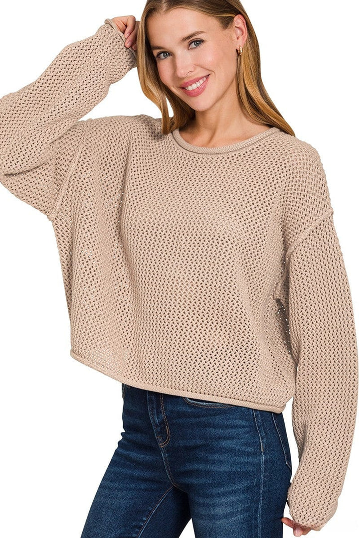 Zenana Textured Knit Rolled Edge Drop Shoulder Sweater